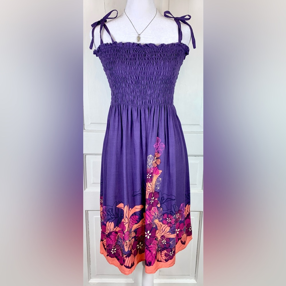 Hibiscus Collection Hawaii Floral Print Smocked Bodice Adjustable TieStrap Dress